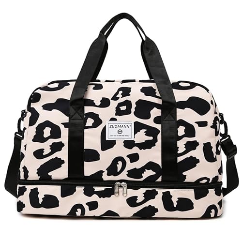 Damen Sporttasche Bunt Reisetasche Mit Schuhfach Und Nassfach, Wasserabweisende Weekender Gym Travel Bag Handgepäck Tasche Trainingstasche Hand Rucksack Für Damen Herren (Kuhmuster-Khaki) von JXpxbao