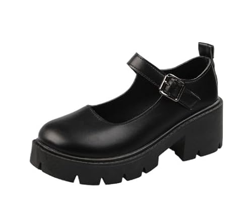 Frauen klobige Plattform Mary Jane Schuhe Retro Schnallenriemen runde Zehen Wohnungen,Schlichte Schwarze Mary Jane Flats, Slipper mit runder Spitze (Schwarz,38) von JXpxbao
