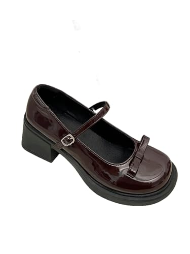 Frauen klobige Plattform Mary Jane Schuhe Retro Schnallenriemen runde Zehen Wohnungen Flacher Mund japanische süße Lolita Prinzessin Schuhe (36,Braun) von JXpxbao