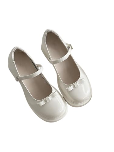 Frauen klobige Plattform Mary Jane Schuhe Retro Schnallenriemen runde Zehen Wohnungen Flacher Mund japanische süße Lolita Prinzessin Schuhe (39,weiß) von JXpxbao