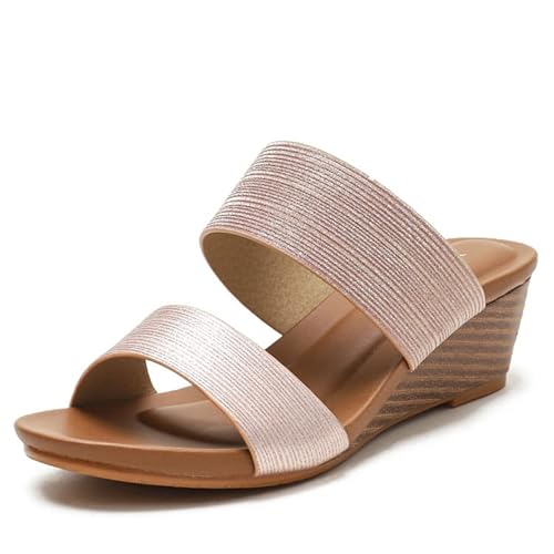 Hausschuhe Damen Sommerschuhe Pantoletten Keilabsatz Schuhe Sommer Plateau Pantoffeln Bequeme Orthopädische Sandalen Elegant Aushöhlen Blumen Sandaletten Slingback Open Toe Schuhe (Champagner,39) von JXpxbao