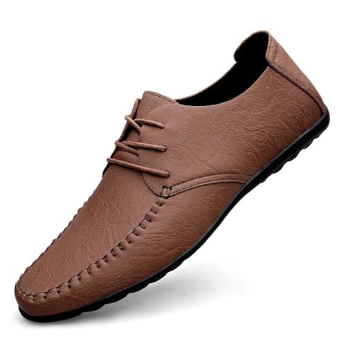 Herren Leder Mokassins Slipper Fahren Schuhe Leicht Weich Loafers Handgefertigt Slip on Flache Business Schuhe Schnürhalbschuhe Klassischer Anzugschuhe Freizeitschuhe (Braun,46) von JXpxbao