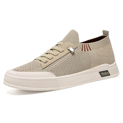 Herren Slip on Sneakers Mesh Atmungsaktiv Laufschuhe, Bequem Turnschuhe Outdoor Fitness Sportschuhe, Leichtgewichts Straßenlaufschuhe Low-Top-Wanderschuhe, Rutschfeste Flache Schuhe (Khaki,42) von JXpxbao