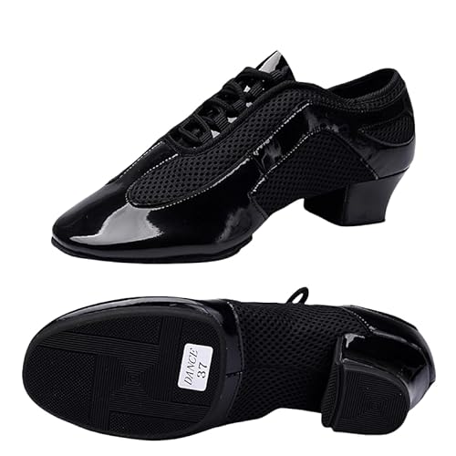 Im Freien Latein Jazz Tanzschuhe Modern Herren Damen Geschlossene Lehrleistung Standard Gesellschaftstanzschuhe Schnürung 3,5 cm Geeignet Für Erwachsene Und Kinder (Schwarzes Leder 3.5cm,44) von JXpxbao