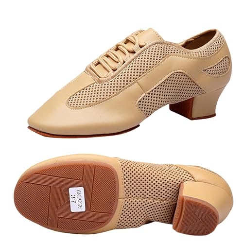 Im Freien Latein Jazz Tanzschuhe Modern Herren Damen Geschlossene Lehrleistung Standard Gesellschaftstanzschuhe Schnürung 3,5 cm Geeignet Für Erwachsene Und Kinder Gummisohle (Aprikose 3.5cm,37) von JXpxbao