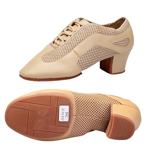 Im Freien Latein Jazz Tanzschuhe Modern Herren Damen Geschlossene Lehrleistung Standard Gesellschaftstanzschuhe Schnürung 3,5 cm Geeignet Für Erwachsene Und Kinder Gummisohle (Aprikose 5cm,41) von JXpxbao