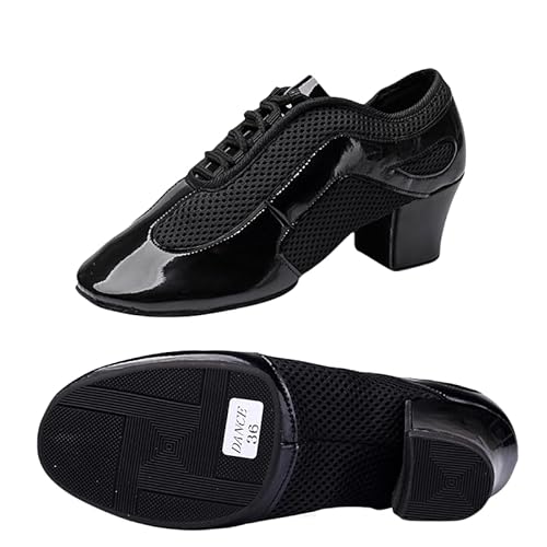 Im Freien Latein Jazz Tanzschuhe Modern Herren Damen Geschlossene Lehrleistung Standard Gesellschaftstanzschuhe Schnürung 3,5 cm Geeignet Für Erwachsene Und Kinder Gummisohle (Schwarzes Leder 5cm,42) von JXpxbao