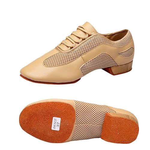 Innenbereich Latein Jazz Tanzschuhe Modern Herren Damen Geschlossene Lehrleistung Standard Gesellschaftstanzschuhe Schnürung 3,5 cm Geeignet Für Erwachsene Und Kinder (Aprikose 2cm,38) von JXpxbao