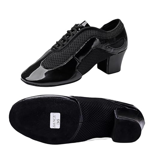 Innenbereich Latein Jazz Tanzschuhe Modern Herren Damen Geschlossene Lehrleistung Standard Gesellschaftstanzschuhe Schnürung 3,5 cm Geeignet Für Erwachsene Und Kinder (Schwarzes Lackleder 5cm,38) von JXpxbao