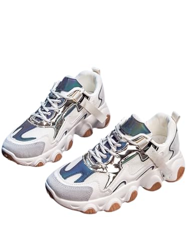 JXpxbao Chunky Turnschuhe Für Damen, Damen Chunky Farbblock Netz Sneaker, Schnürung Weiche Sohle Plateau Freizeitschuhe Modische Plateau-Lässige Schuhe, Bequeme Keilabsatz Sneaker (37,Beige) von JXpxbao