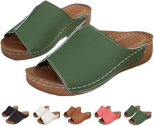 JXpxbao Dämpfende Sohle Stretch Leichte Sandalen Orthopädische Bogen Unterstützung Flache Slip auf Breite Leder Plattform Keil Rutschen Heels Sandalen Walking Sommerschuhe (Grün,37) von JXpxbao