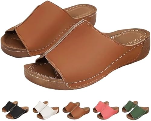 JXpxbao Dämpfende Sohle Stretch Leichte Sandalen Orthopädische Bogen Unterstützung Flache Slip auf Breite Leder Plattform Keil Rutschen Heels Sandalen Walking Sommerschuhe (Hellbraun,36) von JXpxbao