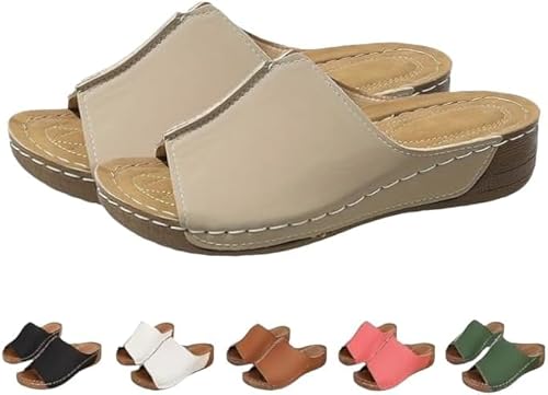 JXpxbao Dämpfende Sohle Stretch Leichte Sandalen Orthopädische Bogen Unterstützung Flache Slip auf Breite Leder Plattform Keil Rutschen Heels Sandalen Walking Sommerschuhe (Khaki,36) von JXpxbao