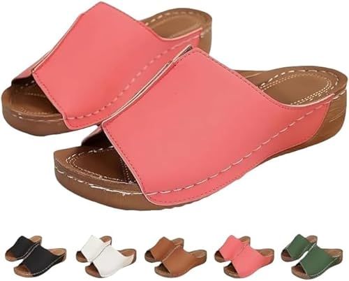 JXpxbao Dämpfende Sohle Stretch Leichte Sandalen Orthopädische Bogen Unterstützung Flache Slip auf Breite Leder Plattform Keil Rutschen Heels Sandalen Walking Sommerschuhe (Rosa,41) von JXpxbao