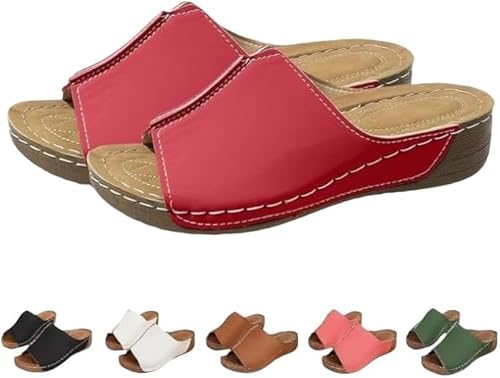 JXpxbao Dämpfende Sohle Stretch Leichte Sandalen Orthopädische Bogen Unterstützung Flache Slip auf Breite Leder Plattform Keil Rutschen Heels Sandalen Walking Sommerschuhe (Rot,40) von JXpxbao