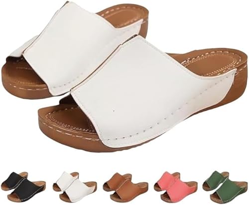 JXpxbao Dämpfende Sohle Stretch Leichte Sandalen Orthopädische Bogen Unterstützung Flache Slip auf Breite Leder Plattform Keil Rutschen Heels Sandalen Walking Sommerschuhe (Weiß,42) von JXpxbao