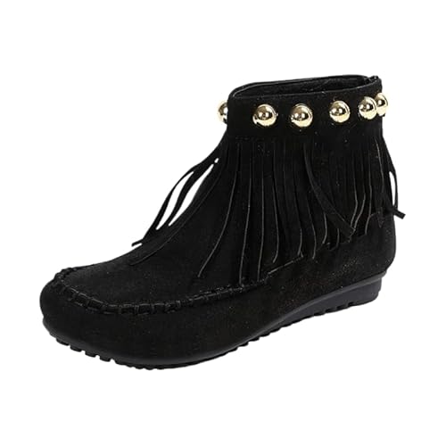 JXpxbao Damen-Cowboystiefel Mit Fransen, Knöchelschicht, Quasten-Stiefel, Nubukleder, Bequemer Boots Für Straßen Hochzeiten, Partys (Schwarz,39) von JXpxbao
