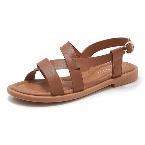 JXpxbao Damen Freizeitsandale Mit Riemchen Leichte Rutschfeste Damen-Sandalen Strandsandalen Mit Offenen Zehen Einfarbige Geflochtene Flache Römersandalen Größe 36-42 (Braun,42) von JXpxbao