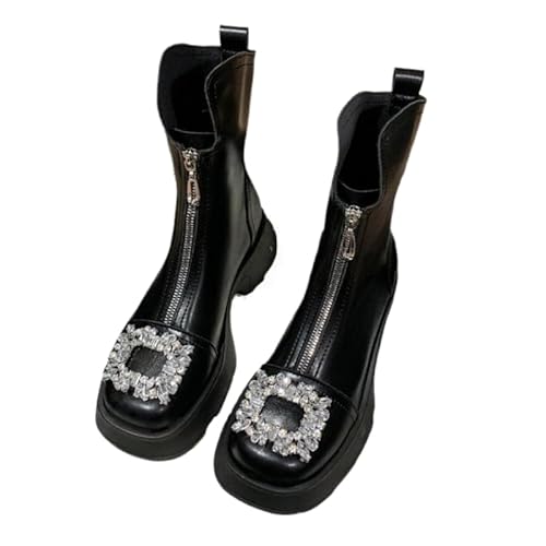 JXpxbao Damen-Gothic-Stiefeletten Mit Plateau Und Fledermausschnallen, Klobige Absätze, Runde Zehenpartie, Reißverschluss, Punk-Motorrad-Kampfstiefel, Bequeme Kurze Gothic-Stiefeletten (Schwarz,35) von JXpxbao