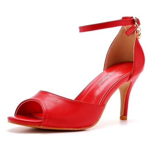JXpxbao Damen High Heel Pumps Hoch Sandaletten Abendschuhe Für Partei Satin Hochzeitsschuhe Brautschuhe Elegant Pumps 7Cm Sandale Mit Knöchelriemen - Perfekt Für Hochzeiten Und Partys (Rot,40) von JXpxbao