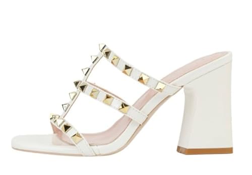 JXpxbao Damen High Heel Sandalen Nieten Schnalle Knöchel Riemchen Stiletto Schuhe - Damen Offene Zehe Büro Party Heeled Sandale (milchig weiß,36) von JXpxbao