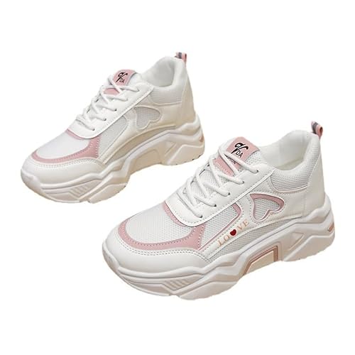 JXpxbao Damen Hohe Plattform Chunky Turnschuhe Beiläufig Schnüren Sport Papa Schuhe Chunky Sneaker Damen Modische, Höhenverstärkende Sportschuhe Aus Mesh Love Sneakers (Helle rosa Farbe,37) von JXpxbao