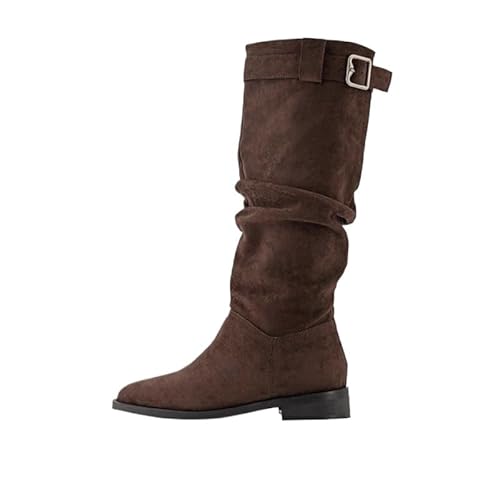 JXpxbao Damen Hohe Stiefel Klassisch Wildleder Reitstiefel Niedrige Mit Absatz Komfort Blockabsatz Schnalle Langschaft Kniehohe Stiefel Schlupfstiefel Mit Runder Spitze Für Winter Herbst (Kaffee,38) von JXpxbao