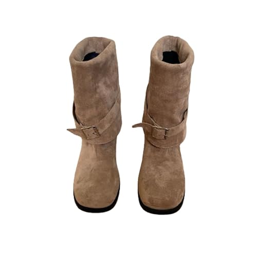 JXpxbao Damen Klassisch Wildleder Halbstiefel Spitz Schlupfschuhe Niederung Stiefel Mit Schnalle Kurzstiefel Übergangsstiefel Halbhohe Ankle Boots Halbhoch Damenstiefel (Khaki,39) von JXpxbao