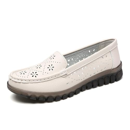 JXpxbao Damen LäSsige Runde Kopf Mokassin Schuhe Bequeme Leder Atmungsaktive Slipper Walking Krankenschwester Atmungsaktive Fahrmode Weiche Schuhe Orthopädische Loafers (Beige,39) von JXpxbao