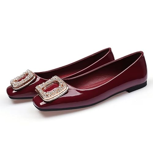 JXpxbao Damen Lassische Geschlossene Office Square Toe Ballerinas Mit Metallschnalle Flache Schuhe Strass Mary Jane Für Damen Bequem Arbeitsschuhe (Rot,43) von JXpxbao