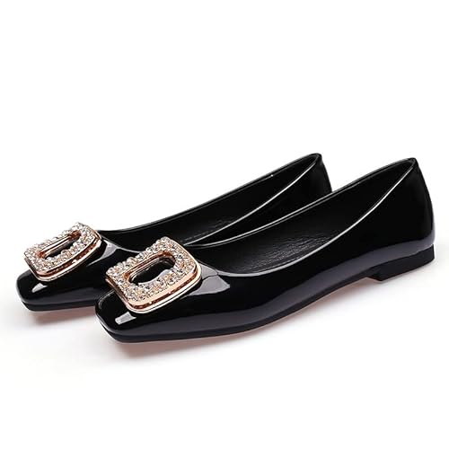 JXpxbao Damen Lassische Geschlossene Office Square Toe Ballerinas Mit Metallschnalle Flache Schuhe Strass Mary Jane Für Damen Bequem Arbeitsschuhe (Schwarz,40) von JXpxbao