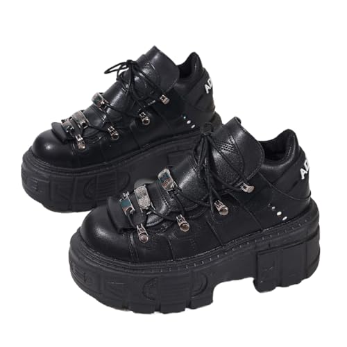 JXpxbao Damen Metall Plateau Goth Stiefel Punk Stil Schnürer Combat Boots Ankle Bootie Schwarz Gothic Biker Boots (36,schwarz) von JXpxbao