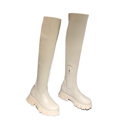 JXpxbao Damen-Overknee-Stiefel Mit Stretchanteil Stiefel Mit Schmalem Absatz Overknee-Stiefel Mit Runder Spitze Winter-Slipperstiefel (Beige,41) von JXpxbao
