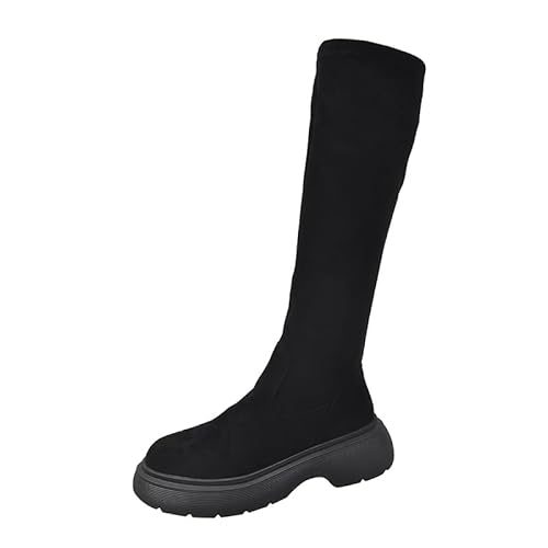 JXpxbao Damen-Overknee-Stiefel Retro-Schnürschuhe Flache Schuhe Lange Winterstiefel Lange Stiefel (Schwarz,36) von JXpxbao