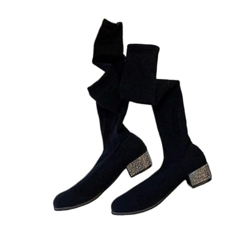 JXpxbao Damen-Overknee-Stiefel Stretch-Kniehohe Stiefel Mit Blockabsatz Lange Winterstiefel Hohe (Schwarz,35) von JXpxbao