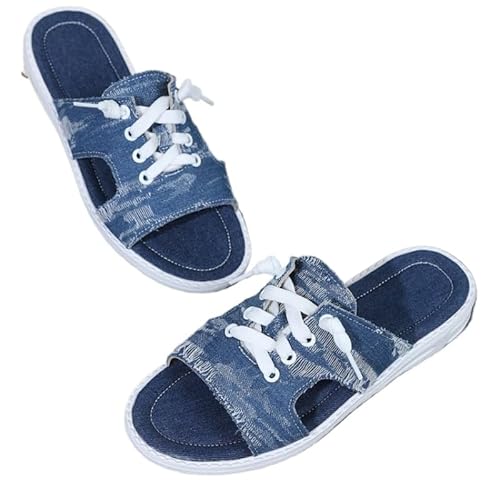 Damen Pantoletten Flache Sandalen Mit Verstellbarem Schnürverschluss Jeans-Sandalen Offene Zehen Sommerstrand-Schuhe, Atmungsaktive Freizeitkomfort Hausschuhe (Blau,38) von JXpxbao