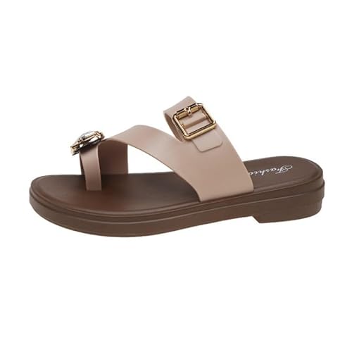 JXpxbao Damen Pantoletten Modische Sandalen Metallic Schnalle Hausschuhe Mit Strass Bequeme Fußbett Sandalen Flach Sommer Zehentrenner Slides Pantoletten Strandsandalen (Khaki,39) von JXpxbao