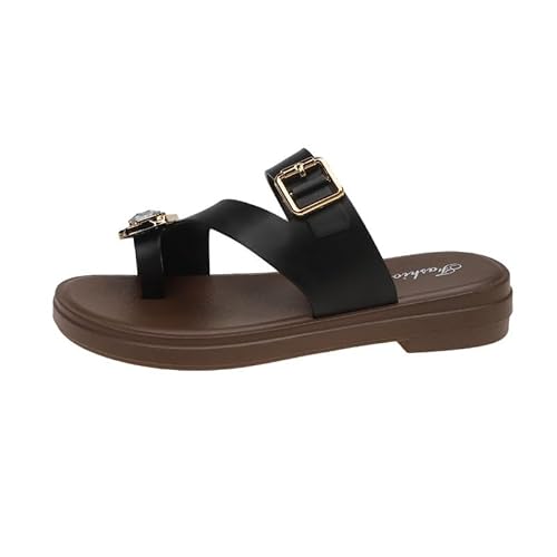 JXpxbao Damen Pantoletten Modische Sandalen Metallic Schnalle Hausschuhe Mit Strass Bequeme Fußbett Sandalen Flach Sommer Zehentrenner Slides Pantoletten Strandsandalen (Schwarz,39) von JXpxbao