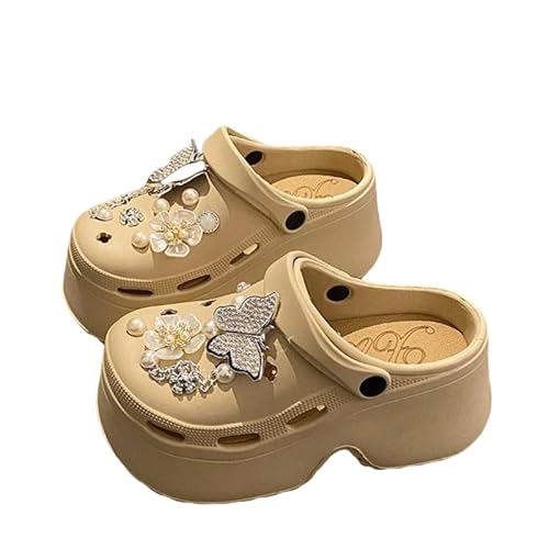 JXpxbao Damen Plateau Clogs Gärtner Slip On Slides Schuhe Pantoletten Hohe Absätze Strandsandalen mit Ansteckern & Schuh Schmuck (Khaki,39) von JXpxbao