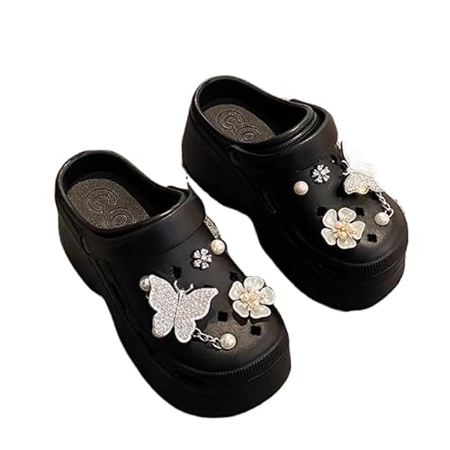 JXpxbao Damen Plateau Clogs Gärtner Slip On Slides Schuhe Pantoletten Hohe Absätze Strandsandalen mit Ansteckern & Schuh Schmuck (Schwarz,35) von JXpxbao