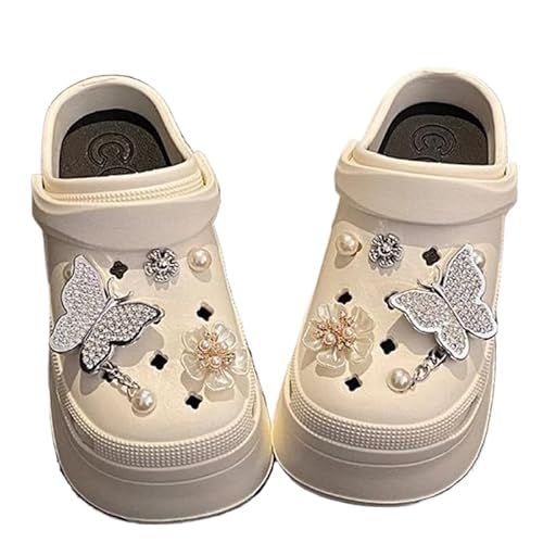 JXpxbao Damen Plateau Clogs Gärtner Slip On Slides Schuhe Pantoletten Hohe Absätze Strandsandalen mit Ansteckern & Schuh Schmuck (Weiß,37) von JXpxbao
