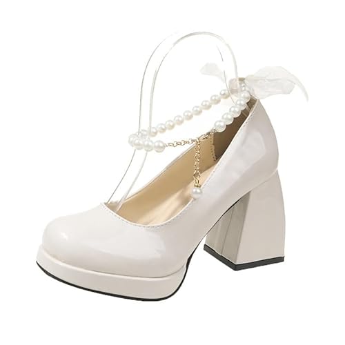 JXpxbao Damen Plateau Mary Janes mit Runder Zehenpartie und Blockabsätzen (cremefarben,38) von JXpxbao