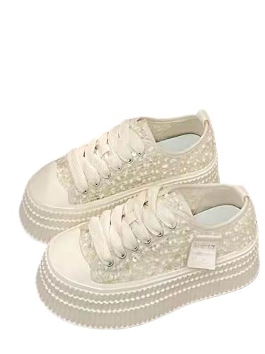 JXpxbao Damen-Plateau-Sneaker mit Strasssteinen, Modisch Klobig Lässig Funkelnd Retro-geflochtene Walking Schuhe (35,Beige) von JXpxbao