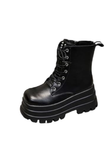 JXpxbao Damen Plateau Stiefeletten Lack Flache Ankle Boots Blockabsatz Zum Schnüren Moderne Punk Schuhe Stiefeletten Bequem (Schwarz,37) von JXpxbao