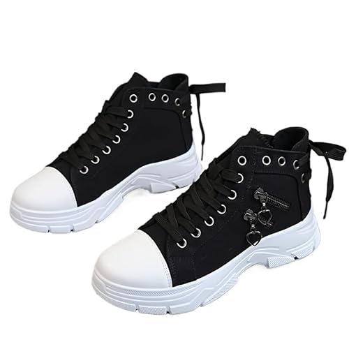 JXpxbao Damen Plateausneaker, Reißverschluss Detail Schnürstiefel, Lässige All-Match Sportschuhe Plus Size (Pures Schwarz,39) von JXpxbao