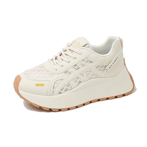 JXpxbao Damen Retro-Design Sneaker Mit Plattformsohle Atmungsaktive Leichte Turnschuhe Mit Dämpfung Schnürung Für Stadt & Freizeit (Beige,35) von JXpxbao