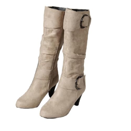 JXpxbao Damen Samtstiefel, Modische Round Toe Stiefel, Aus Massivem Samt, High Heels, Elegante Und Atmungsaktive Overknee-Stiefel (Cremefarben,39) von JXpxbao