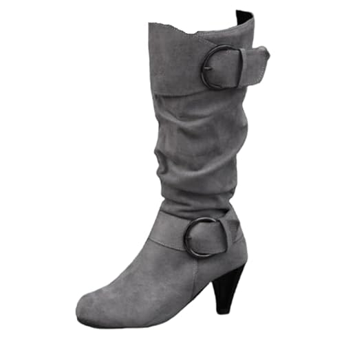 JXpxbao Damen Samtstiefel, Modische Round Toe Stiefel, Aus Massivem Samt, High Heels, Elegante Und Atmungsaktive Overknee-Stiefel (Grau,39) von JXpxbao