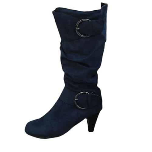 JXpxbao Damen Samtstiefel, Modische Round Toe Stiefel, Aus Massivem Samt, High Heels, Elegante Und Atmungsaktive Overknee-Stiefel (Marineblau,39) von JXpxbao