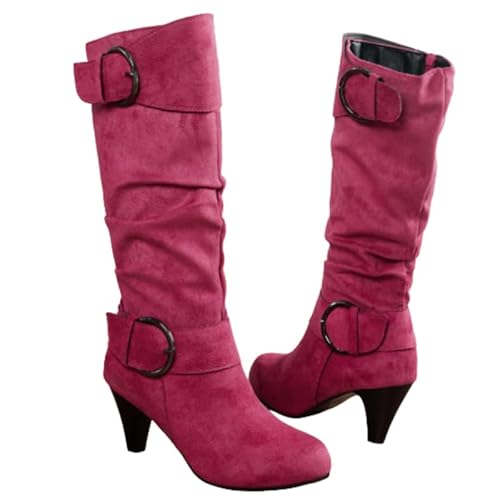 JXpxbao Damen Samtstiefel, Modische Round Toe Stiefel, Aus Massivem Samt, High Heels, Elegante Und Atmungsaktive Overknee-Stiefel (Rosenrot,38) von JXpxbao